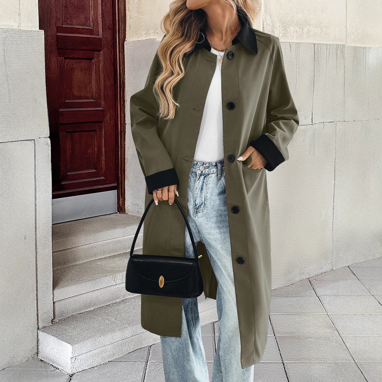 Damen Übergangsjacke Lang mit dekorativem Kragen und Taschen