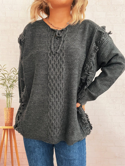 Damen Grobstrickpullover Lässige Fransen Zopfdesign Beige