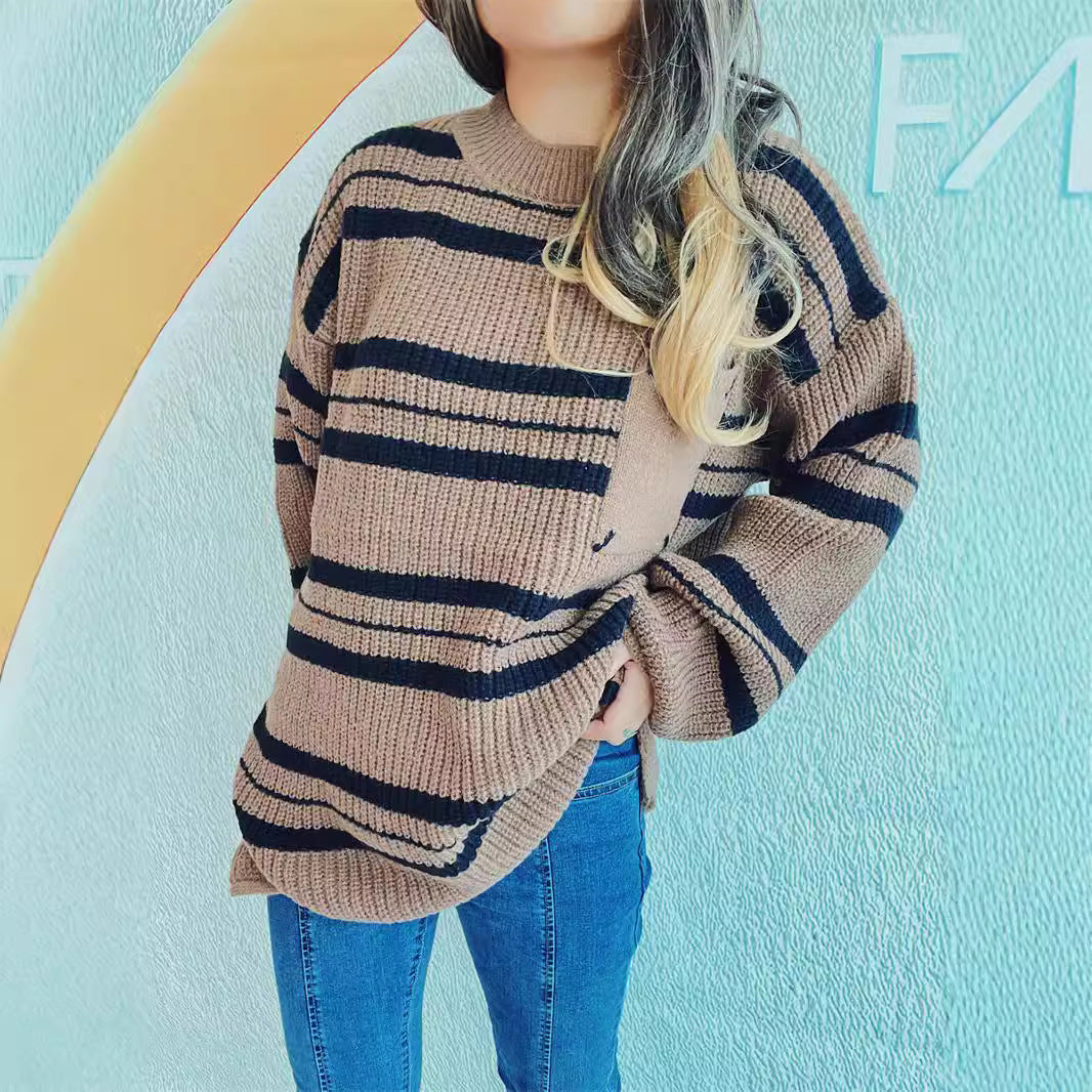 Damen Oversized Strickpullover Streifenmuster Eveloria