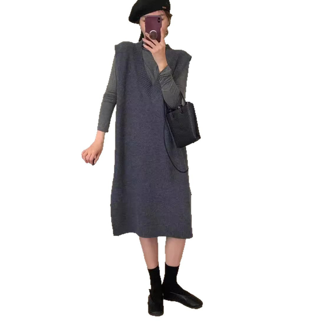 Damen Strickkleid V-Ausschnitt Seitenschlitz Eveloria