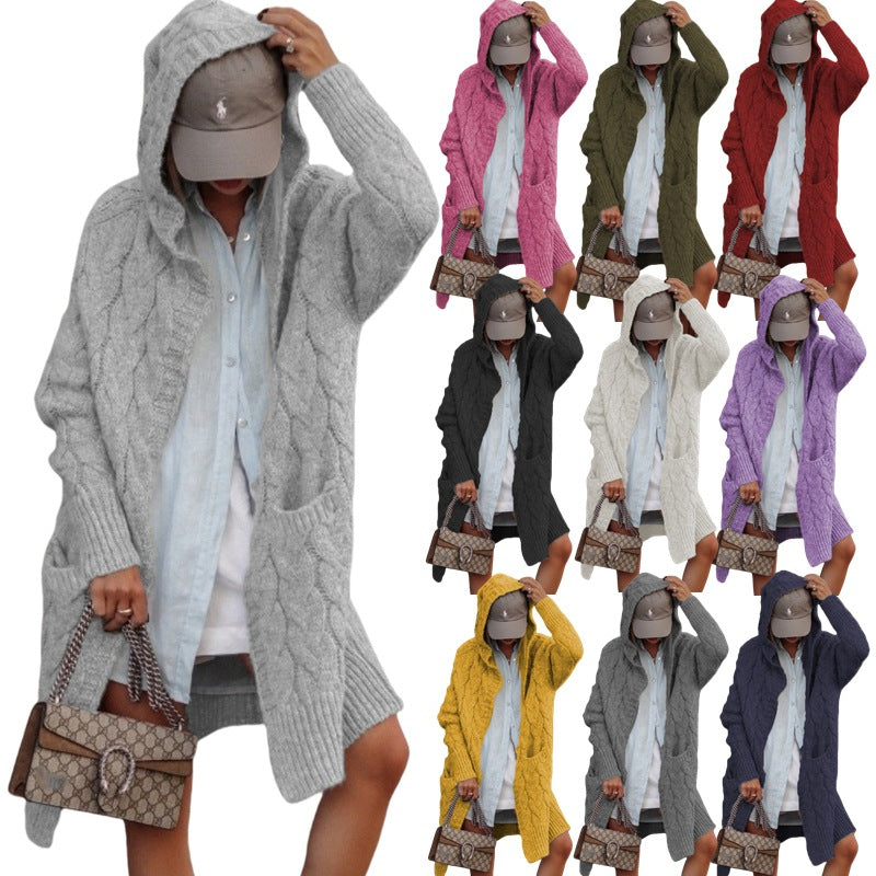 Damen Grobstrickjacke mit Kapuze und Zopfmuster - Eveloria