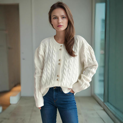 Damen Grobstrickjacke Kabelmuster Dekorative Knöpfe - Eveloria
