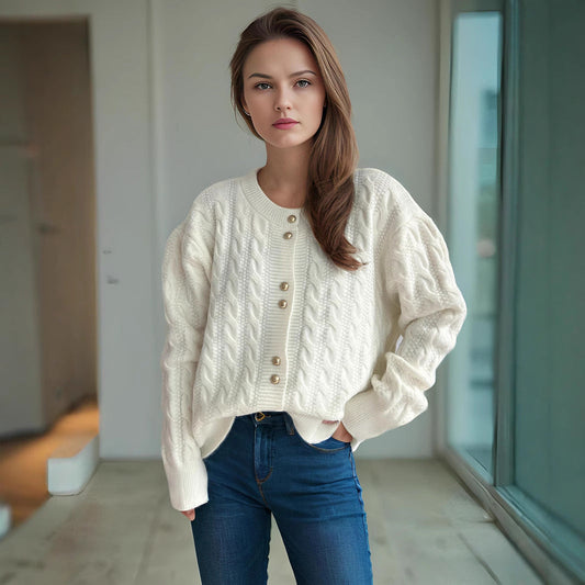Damen Grobstrickjacke Kabelmuster Dekorative Knöpfe - Eveloria