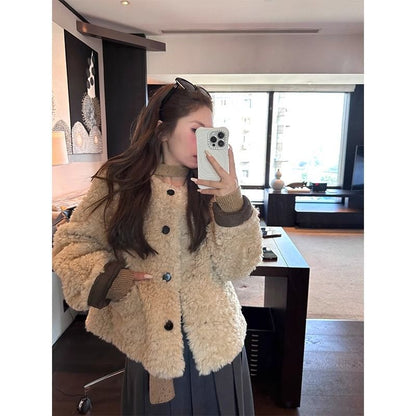 Damen Plüschjacke Kuschelig Knöpfe Beige