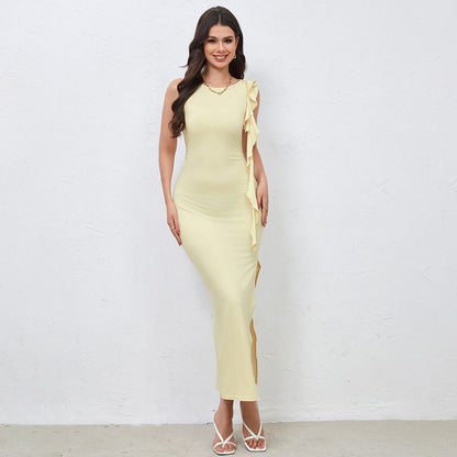 Damen Maxikleid Asymmetrischer Rüschensaum Hochschlitz Eveloria