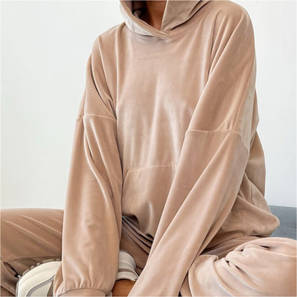 Damen Velours-Sweatanzug mit Kapuze Elastisch Beige
