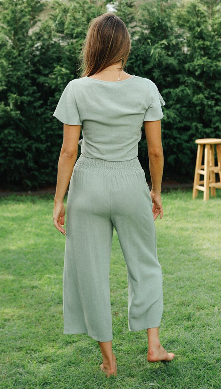 Damen Zweiteiliges Set Geknotetes Oberteil Weite Hosen Eveloria