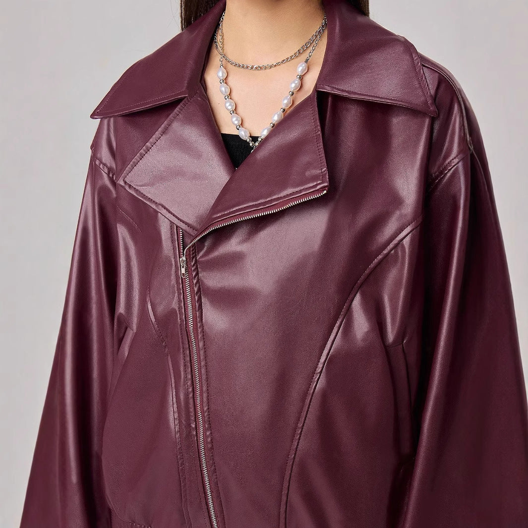 Damen Oversized Kunstlederjacke schmal Reißverschluss