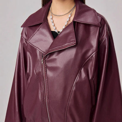 Damen Oversized Kunstlederjacke schmal Reißverschluss