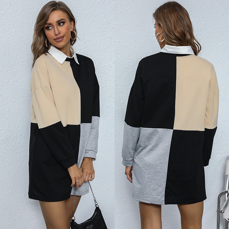 Damen Kleid Farbblock-Design Kontrast Weiß