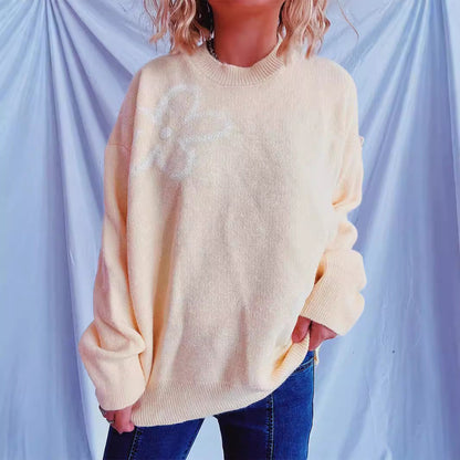 Damen Strickpullover Oversized Floralmuster Beige
