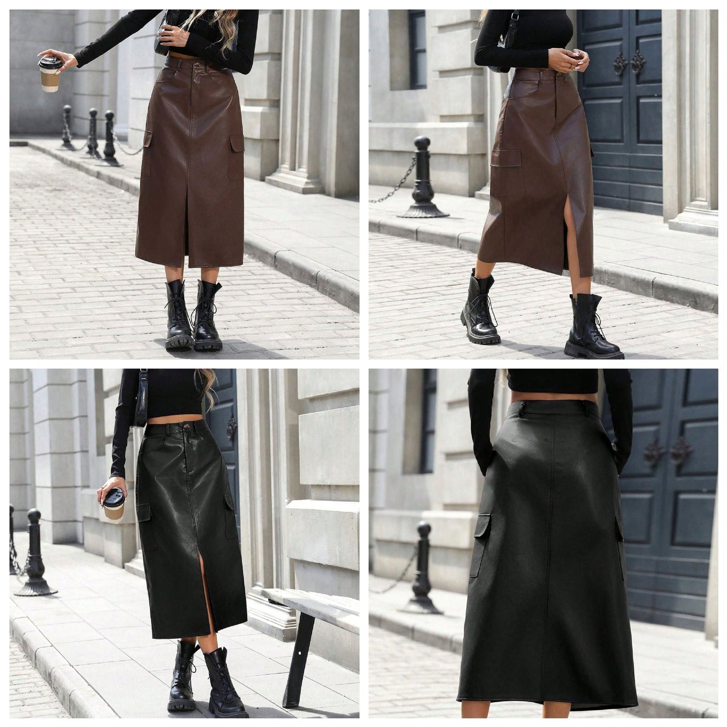 Damen Midirock Kunstleder Praktische Taschen Schwarz - Eveloria