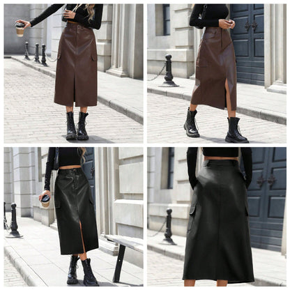 Damen Midirock Kunstleder Praktische Taschen Schwarz - Eveloria
