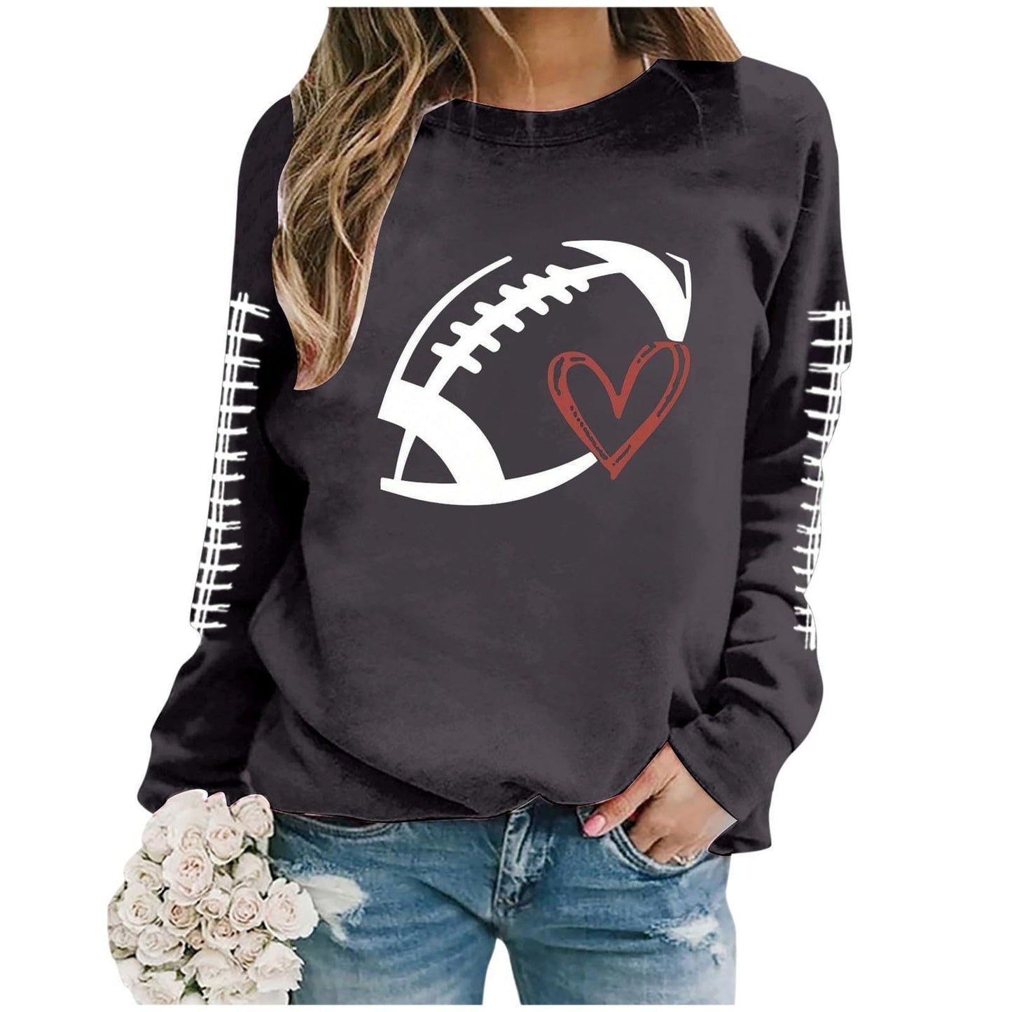 Damen Sweatshirt Fußball-Motiv Lässiger Schnitt Grau Eveloria