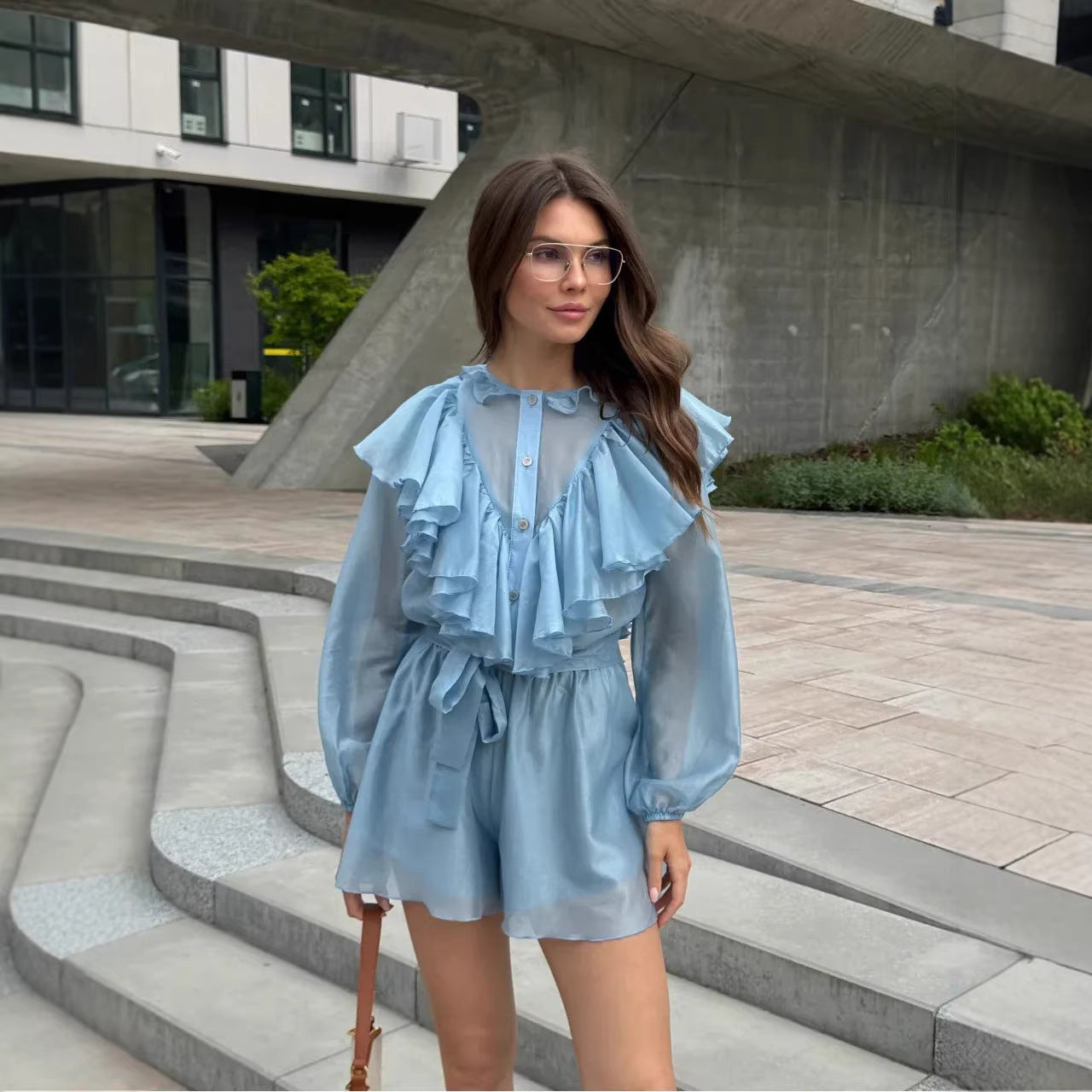Damen Chiffon-Set mit Rüschendetails und Taillengürtel - Eveloria