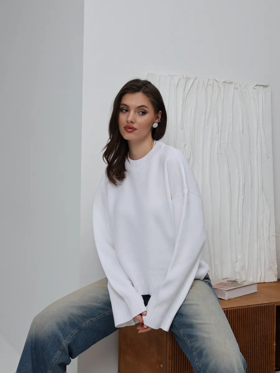 Damen Sweater Weit Schnitt Strukturiertes Maschenbild Beige