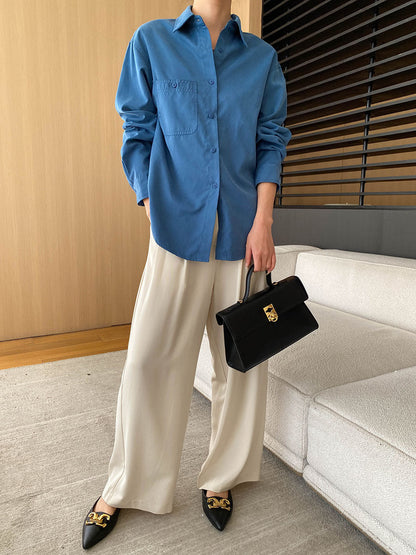 Damen Bluse Lässig Langärmlig Mit Brusttasche Beige