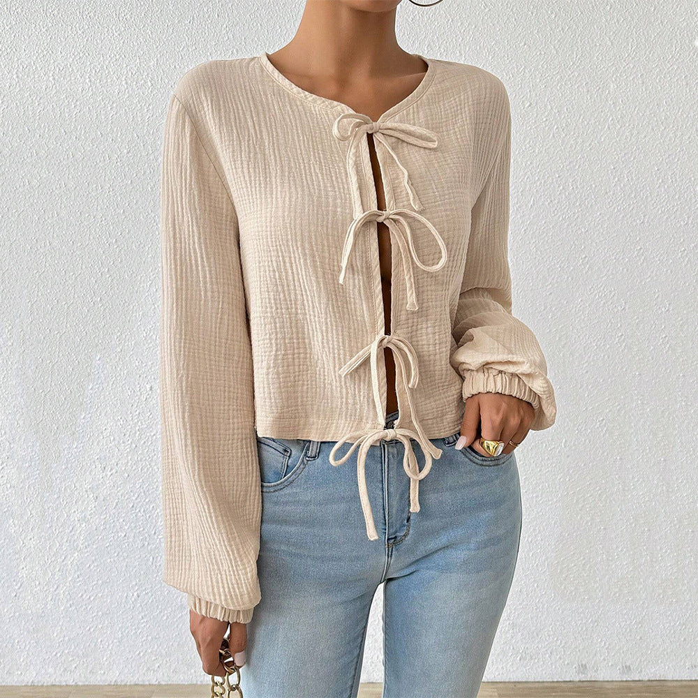 Damen Cropped Bluse Raffinierte Schnürdetails Eveloria