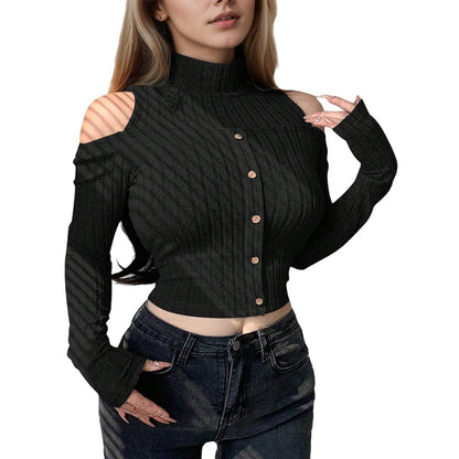 Damen Cropped Langarm-Pullover Schulterfrei Knopfverschluss Eveloria