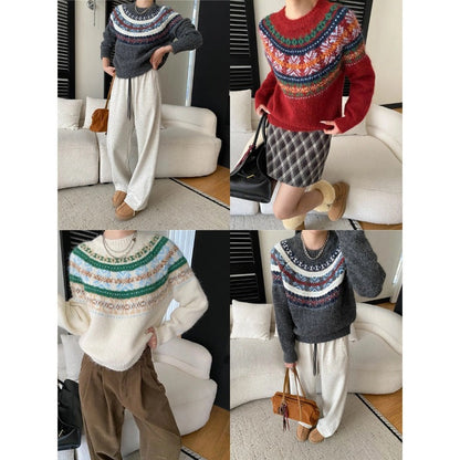 Damen Grobstrickpullover Lebendiges Muster Weite Ärmel
