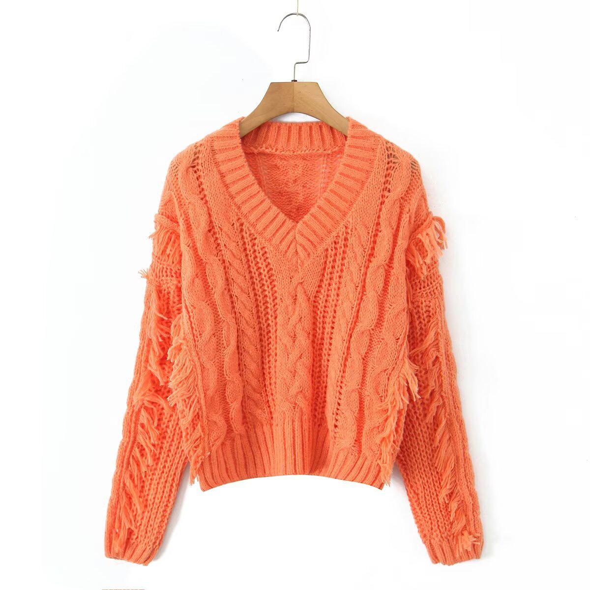 Damen Grobstrickpullover V-Ausschnitt Fransen