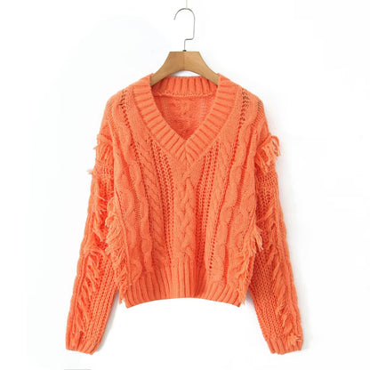 Damen Grobstrickpullover V-Ausschnitt Fransen
