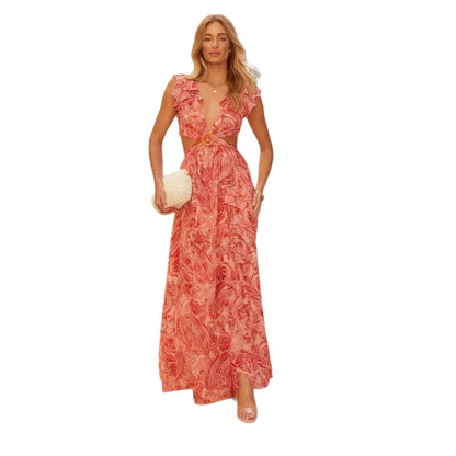 Damen Maxikleid Voluminöse Rüschen Tiefes Dekolleté