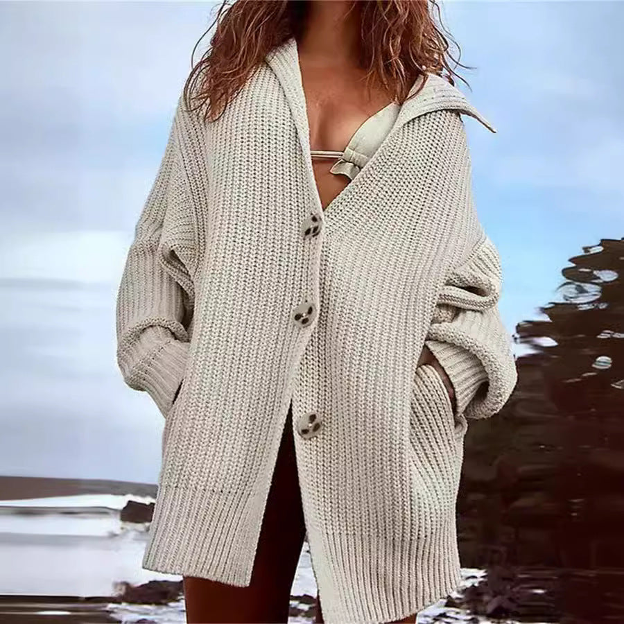 Damen Grobstrickjacke Modern Reverskragen Dekorative Knöpfe Eveloria