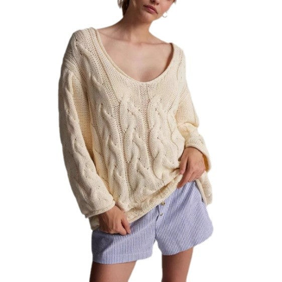 Damen Strickpullover Zopfmuster Weit Ausschnitt Eveloria