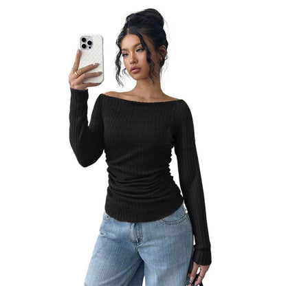 Damen Langarmshirt Schulterfrei Elegante Raffung Eveloria