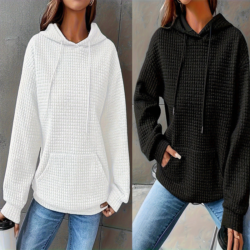 Damen Kapuzenpullover Strukturiertes Waffelmuster Mit Taschen Schwarz - Eveloria