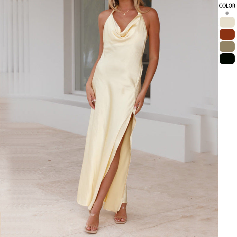 Damen Satin Maxikleid Tiefes Dekolleté Seitenschlitz Schwarz Eveloria - Eveloria