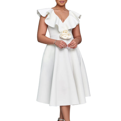 Damen A-Linien Kleid Rüschen Floralmuster Eveloria