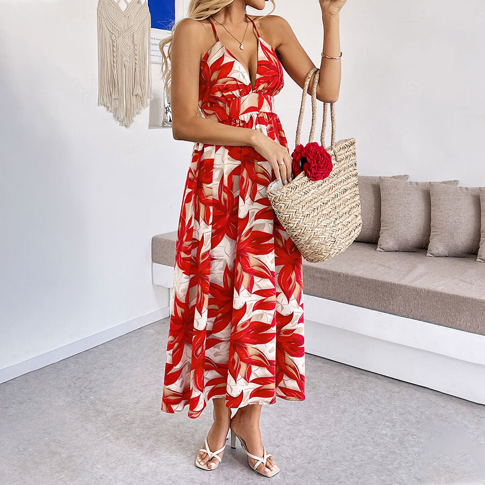 Damen Maxikleid Floralmuster Feine Spaghettiträger Eveloria