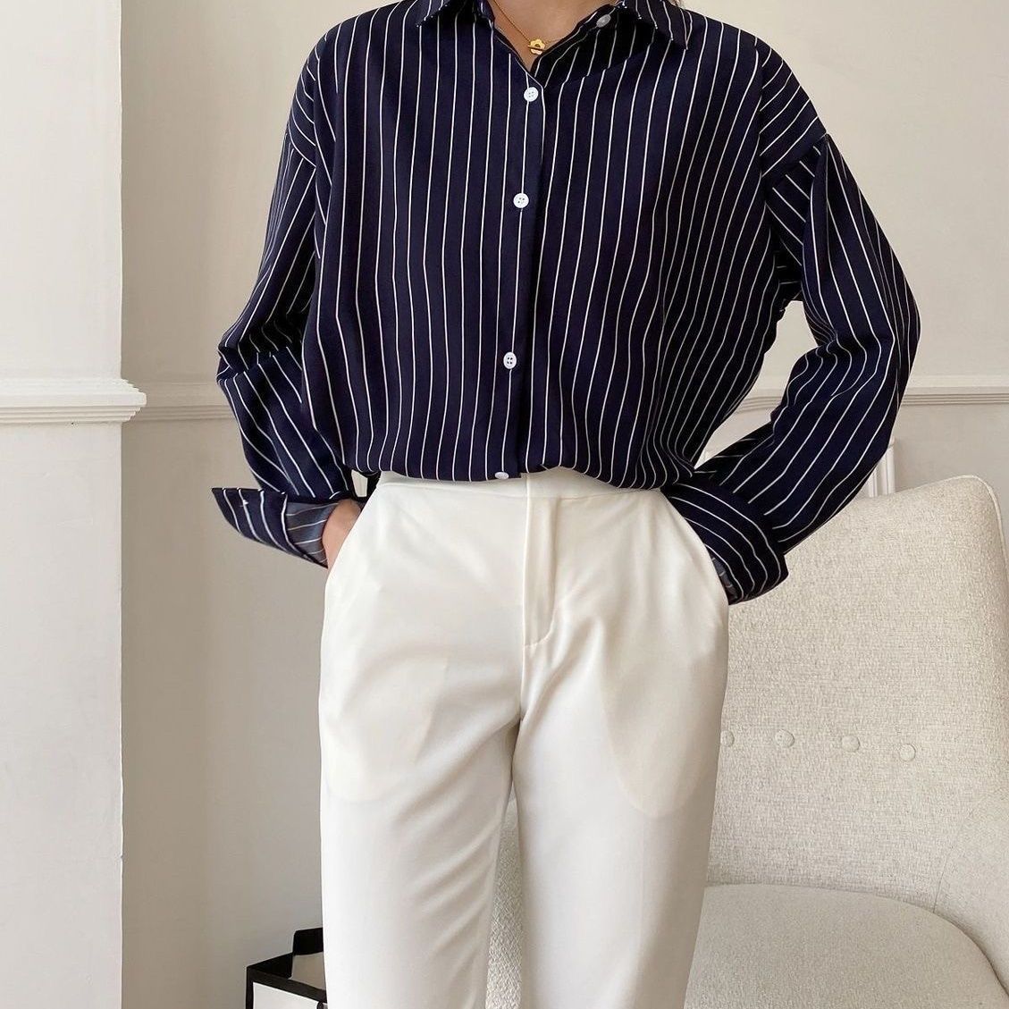 Damen Klassische Hemdbluse Streifenoptik Weiße Bluse