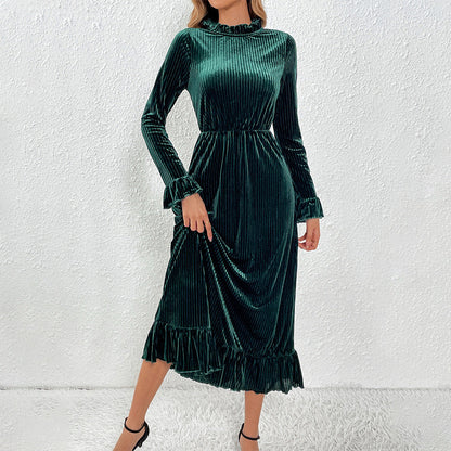 Damen Langarm-Wickelkleid Samt Rüschendetails Schwarz Eveloria - Eveloria