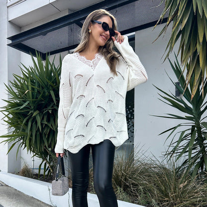 Damen Strickpullover V-Ausschnitt Filigran Lochmusterung Eveloria