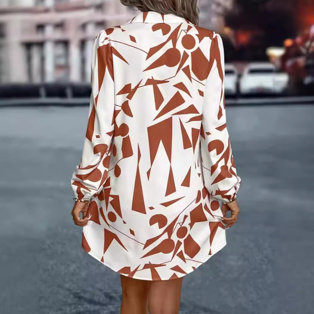 Damen Blusenkleid Geometrisches Muster Knöpfe Eveloria