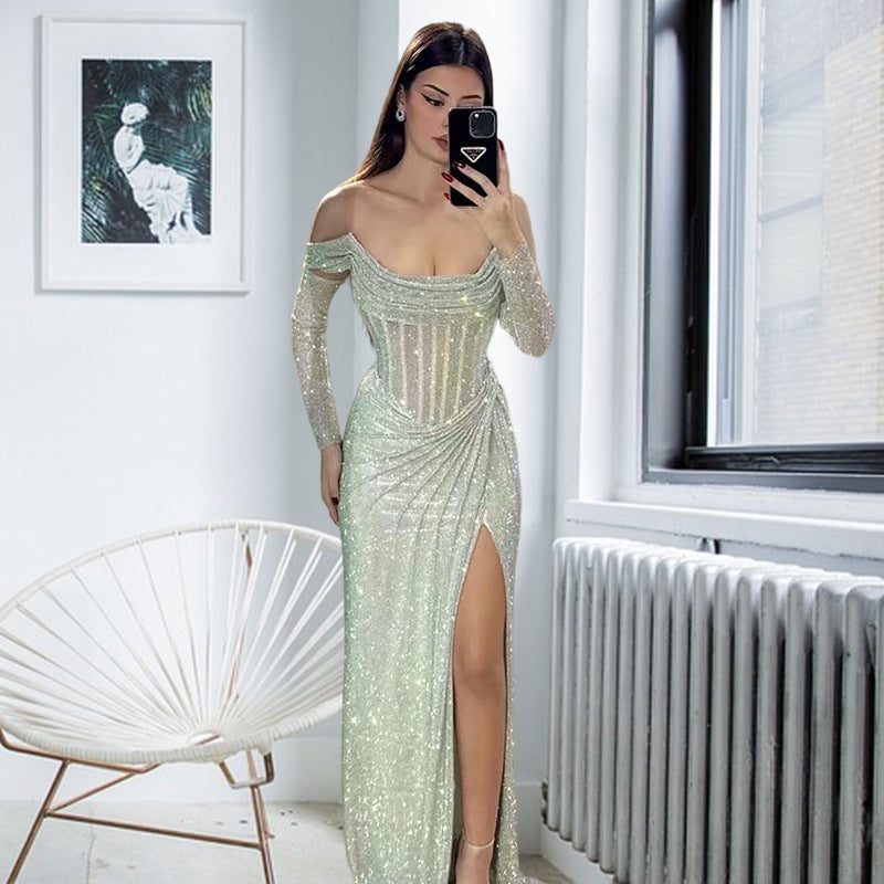 Damen Abendkleid mit Schmuckdetail und drapiertem Rock Eveloria