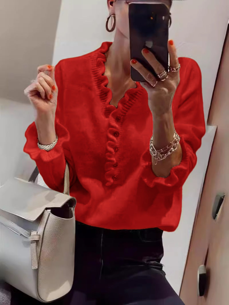 Damen Bluse Rüschendesign Knopfleiste Blume Farbe Weiß