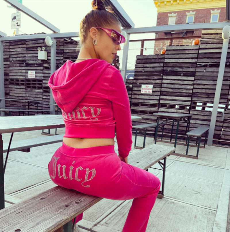 Damen Velours-Jogginganzug Glitzerakzente Elastischer Bund