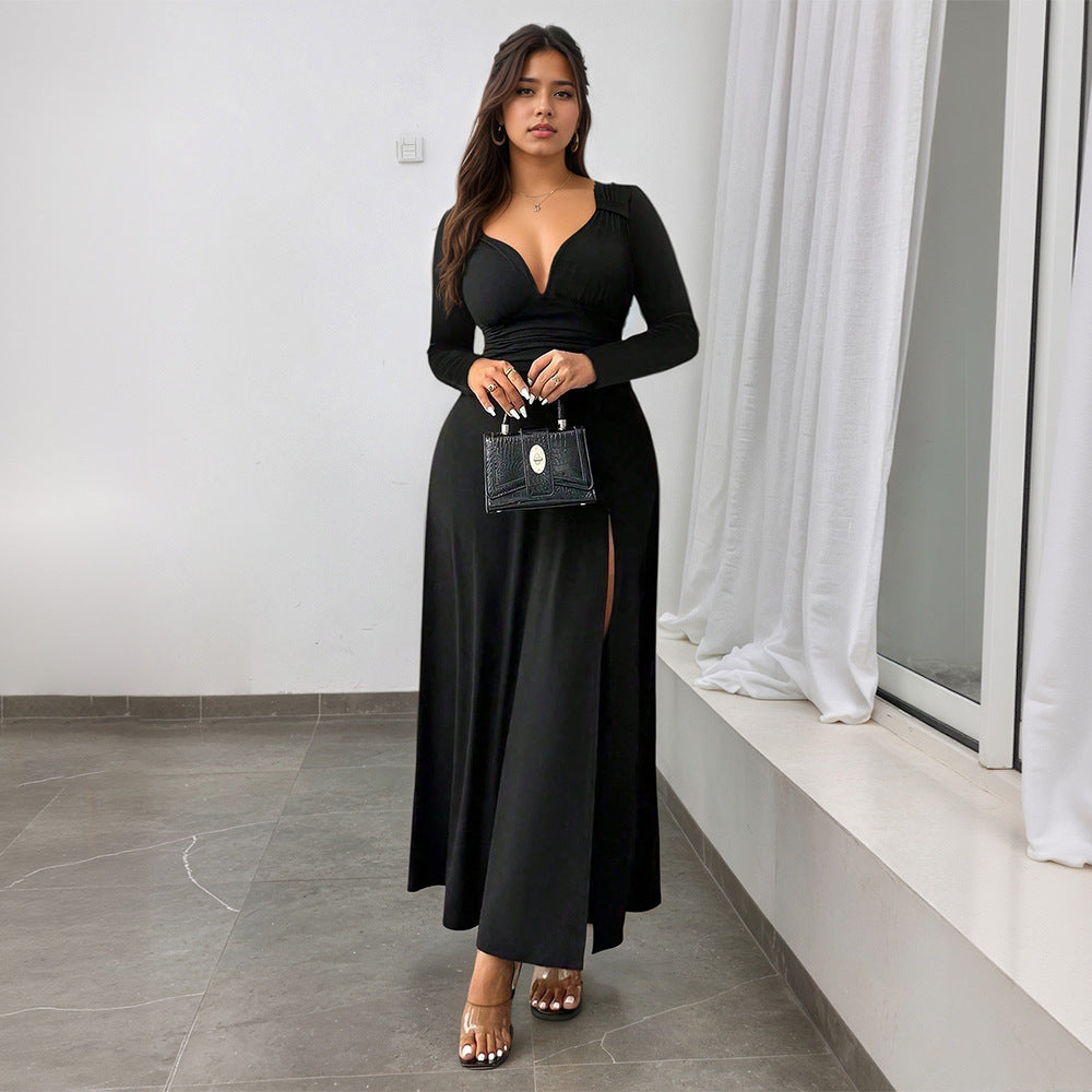 Damen Maxikleid V-Ausschnitt Hoch Beinschlitz Eveloria