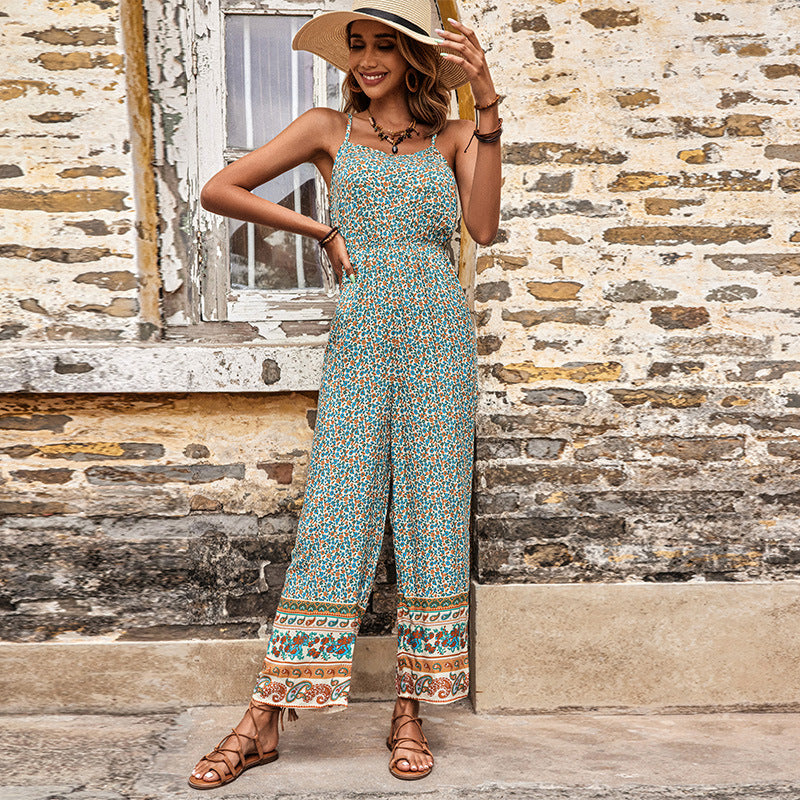 Damen Jumpsuit Blumenmuster Breite Beine Verstellbare Träger Eveloria
