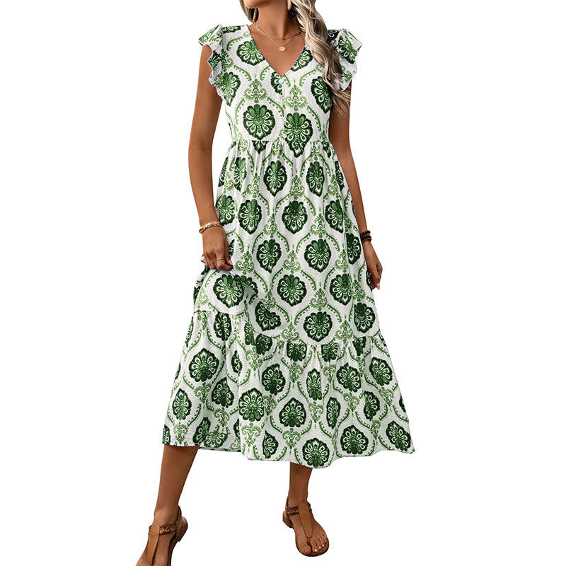 Damen Maxikleid Volantärmel Floralmuster Eveloria
