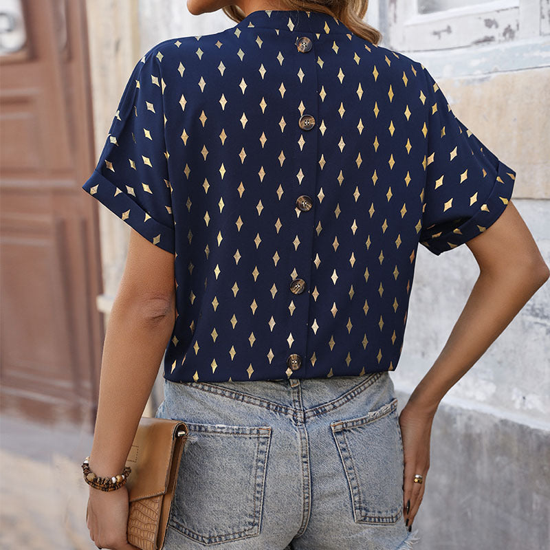 Damen Kurzarmbluse Geometrisches Muster V-Ausschnitt Elegant Blau