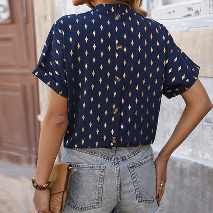 Damen Kurzarmbluse Geometrisches Muster V-Ausschnitt Elegant Blau