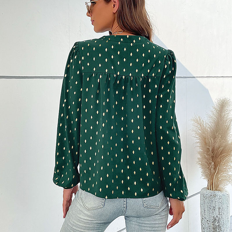Damen Bluse Feines Punktmuster Knopfleiste Weiss