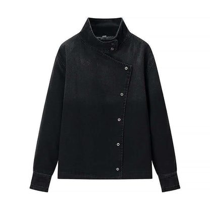 Damen Denimjacke Asymmetrischer Kragen Blau - Eveloria