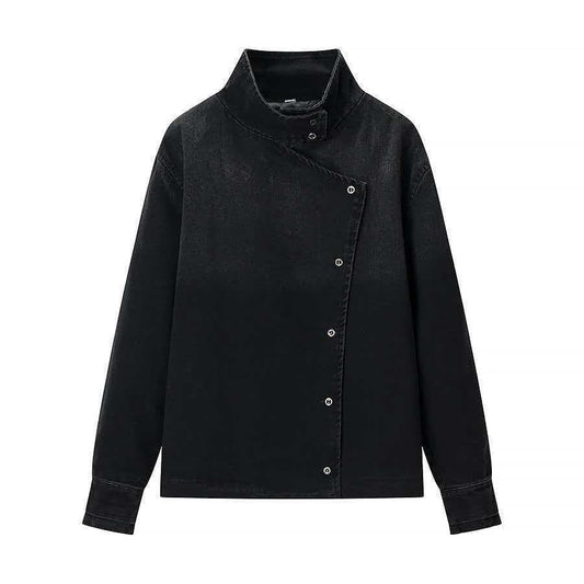 Damen Denimjacke Asymmetrischer Kragen Blau - Eveloria