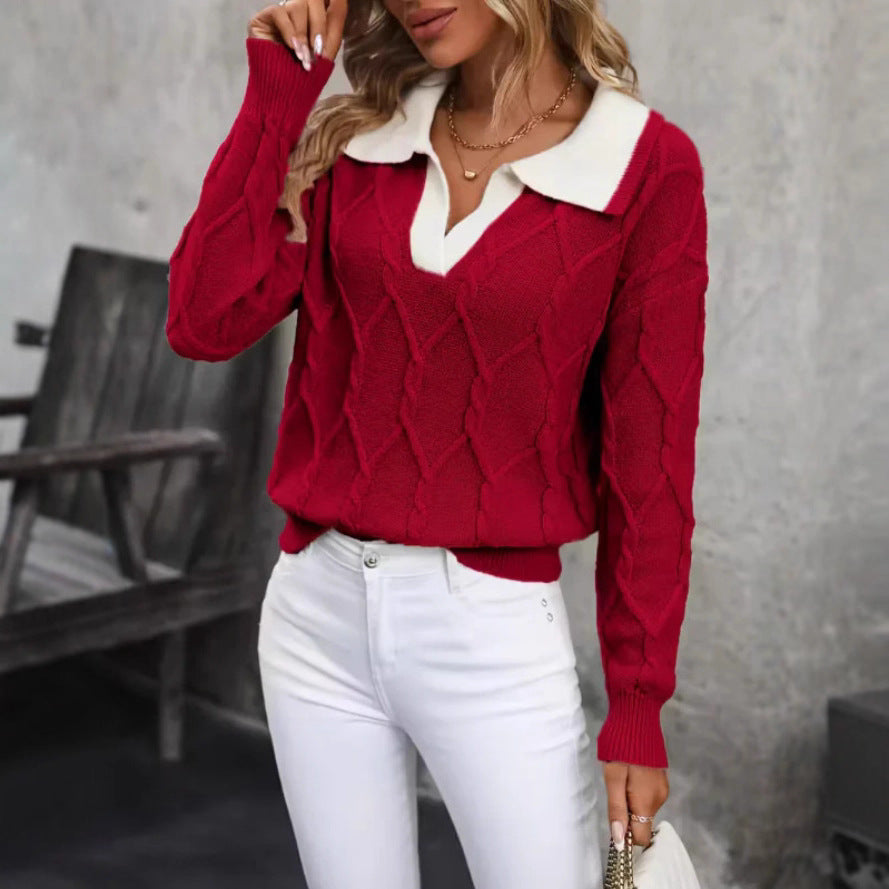 Damen Strickpullover Klassischer Polokragen Rautenmuster